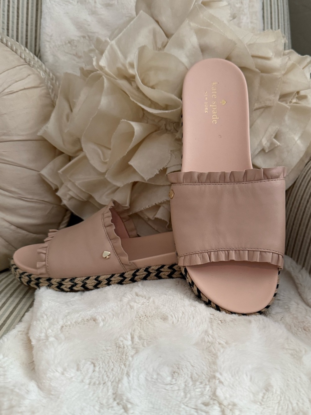 Kate Spade Zahara Blush Pink Ruffle Espadrille Leather Slide Sandals Size 8